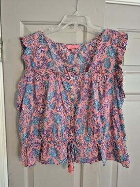 Simply Southern Pink Seahorse And Coral Print Ruffle Camisole with Blue Accents